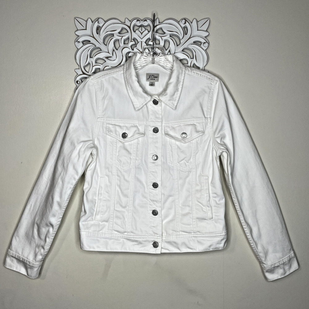 J.CREW DENIM size SMALL Jean Jacket COTTON Long Sleeves Silver Tone WHITE